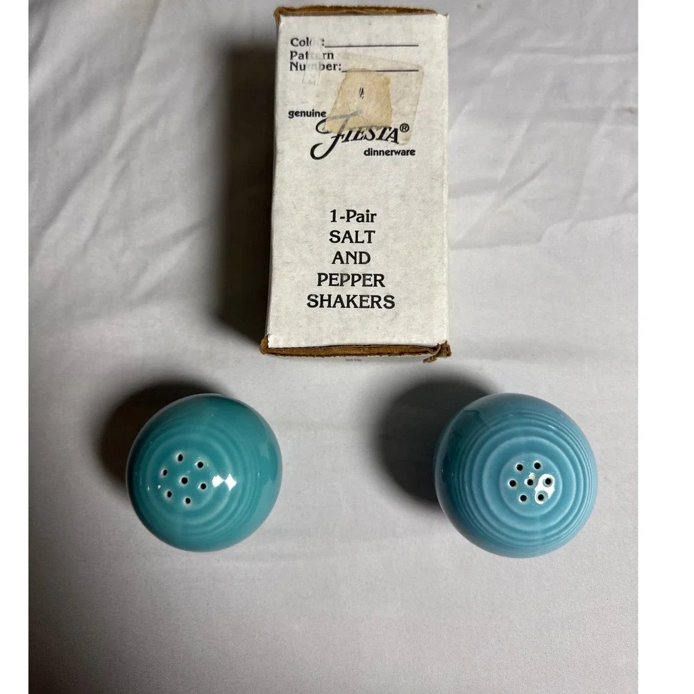 Fiesta Salt and Pepper Shakers Turquoise Excellent Art Deco Ceramic Set with Box